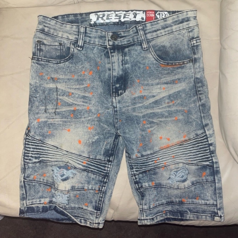 Men's Distressed Denim Shorts - Blue and Orange